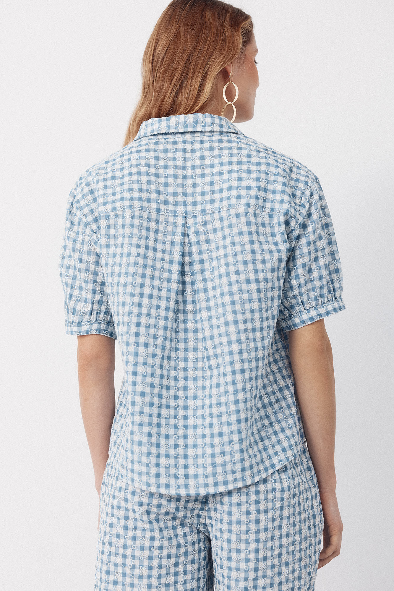 Cortefiel Blusa vichy bordada Estampado azul