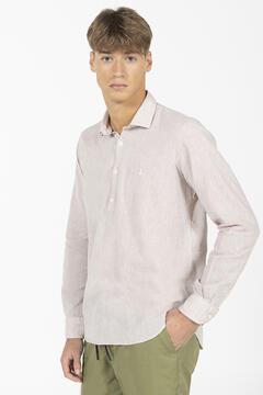 Cortefiel Camisa guayabera de quadro bolsos linho e algodão Castanho