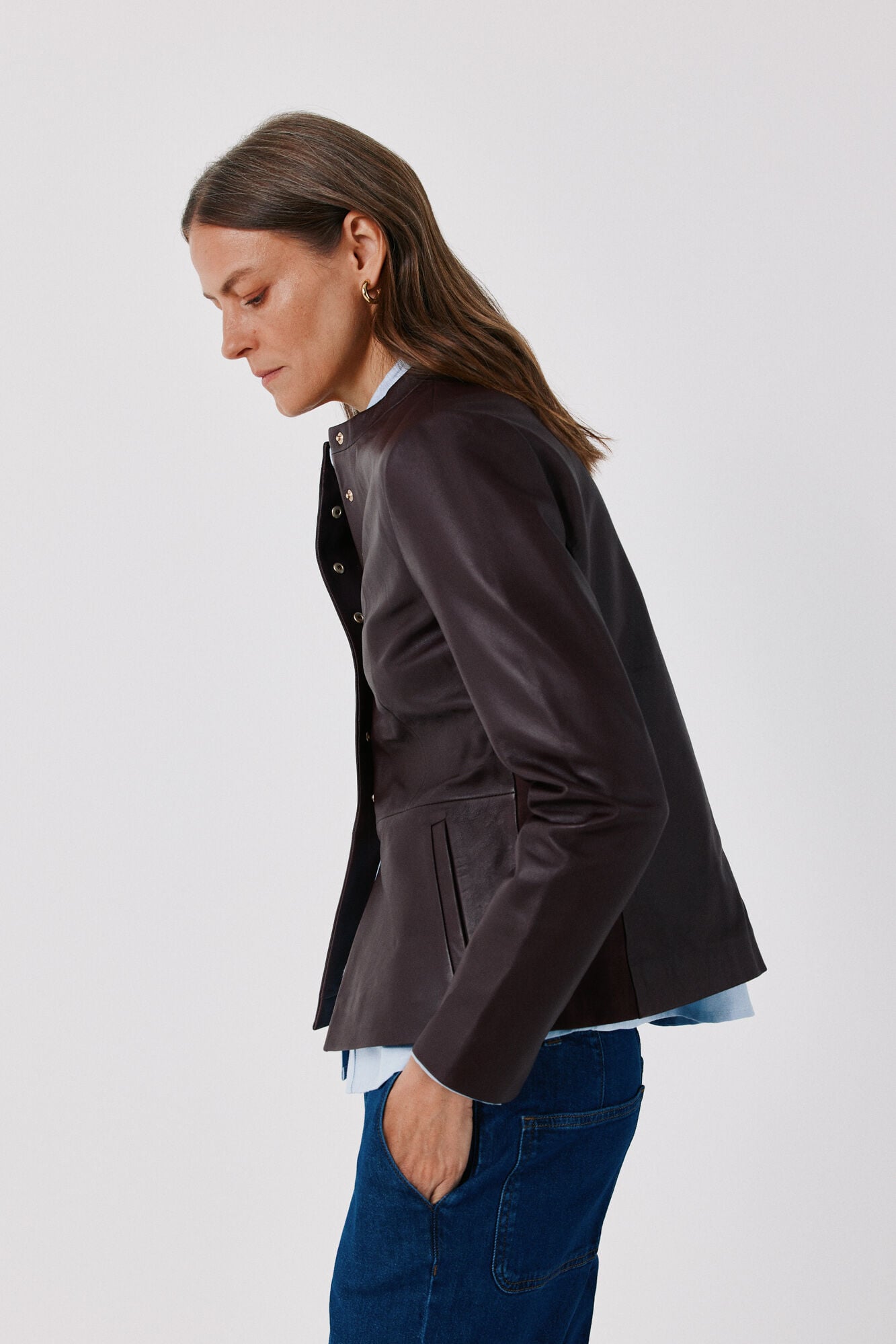 Cortefiel Leather jacket with buttons Maroon