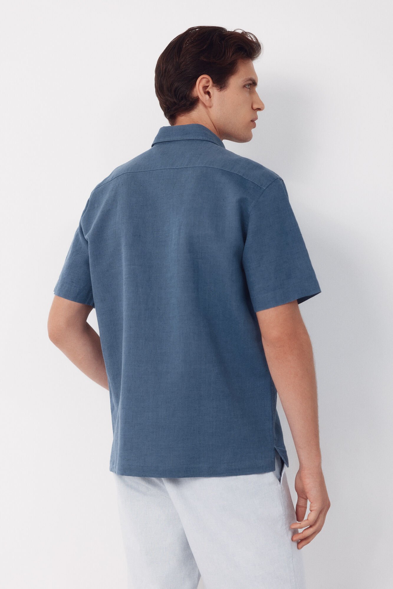 Cortefiel Camisa algod&oacute;n lino lisa manga corta Azul marino