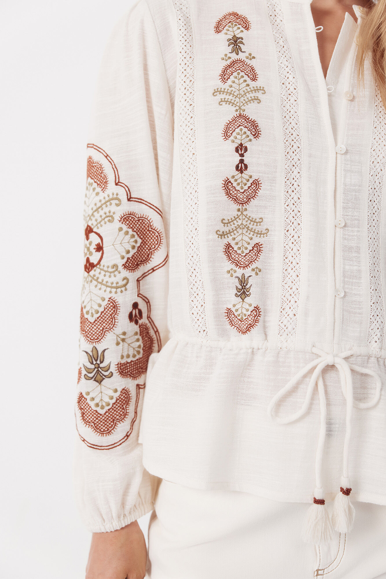 Cortefiel Embroidered blouse with adjustable waist Ivory