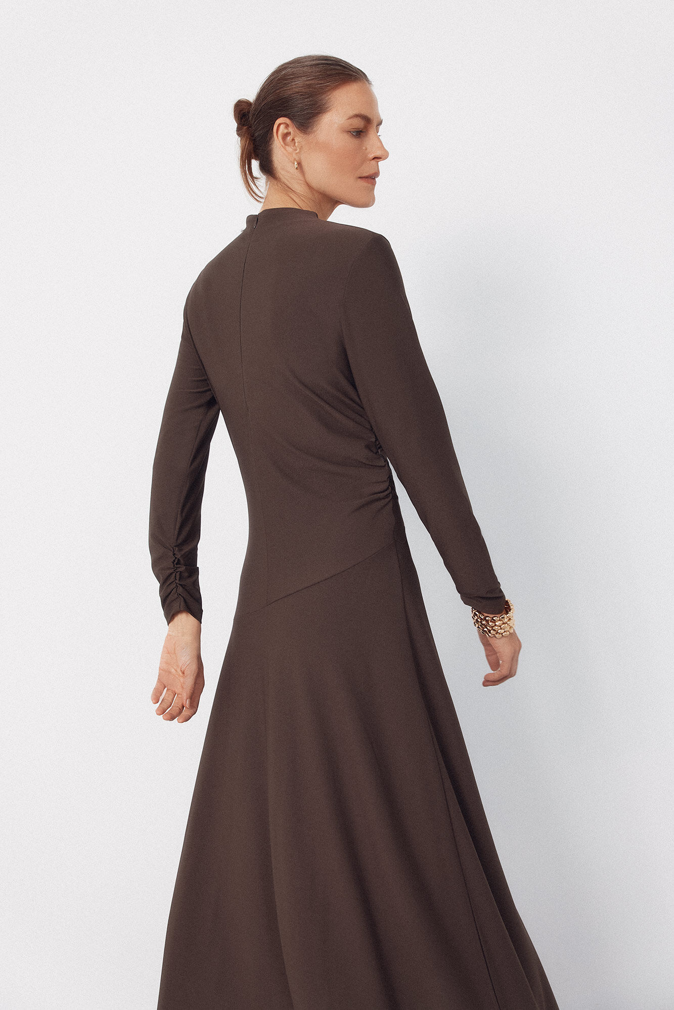 Cortefiel Long dress with gold buttons Brown