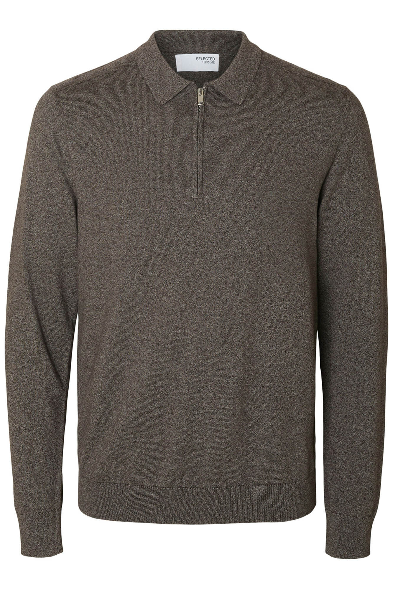 Selected Camisola polo 100% algod&atilde;o com meia fecho-&eacute;clair . Cinzento