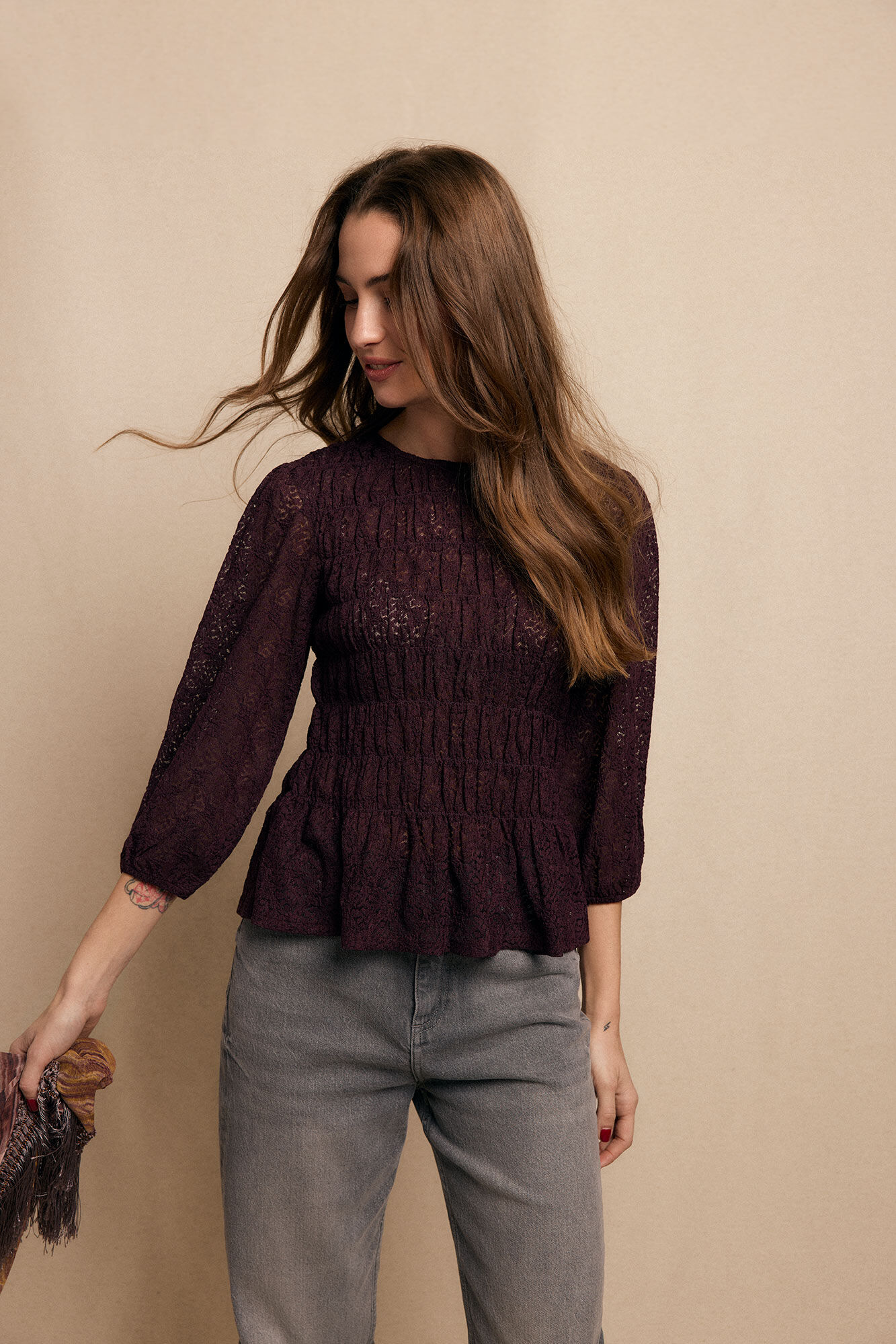 Slowlove Ruched print top Maroon