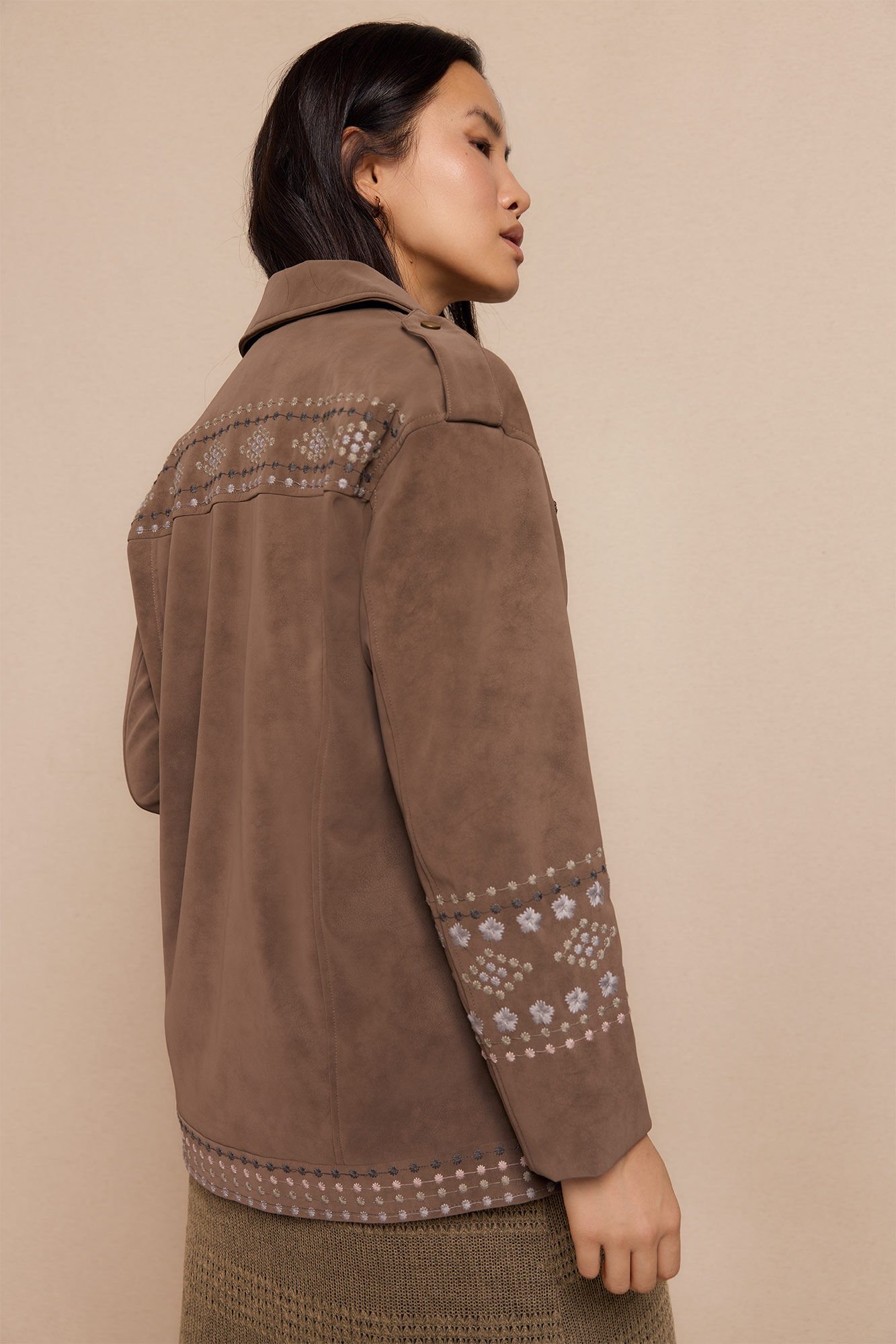 Slowlove Jaqueta biker com efeito pele bordado Tostado