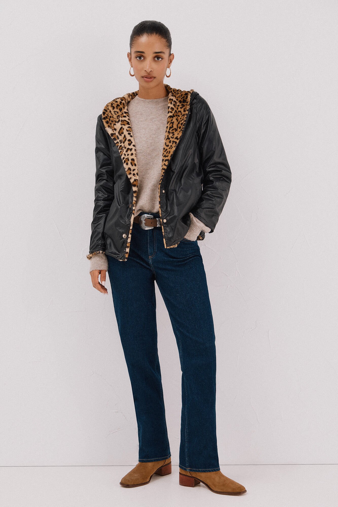 Cortefiel Short reversible faux fur jacket Black