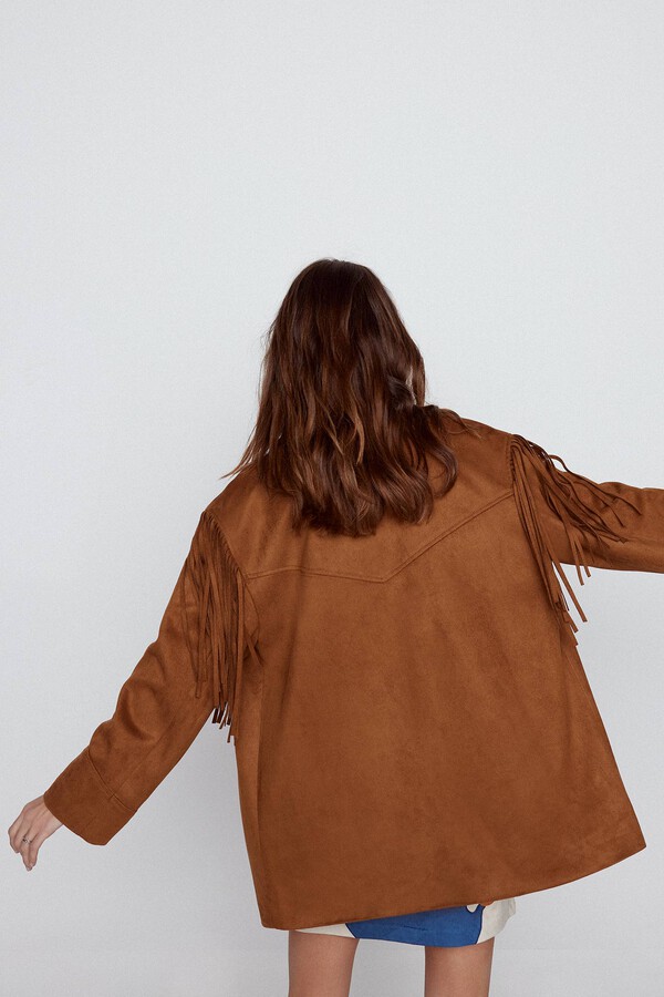 Cortefiel Faux suede overshirt with fringe Beige