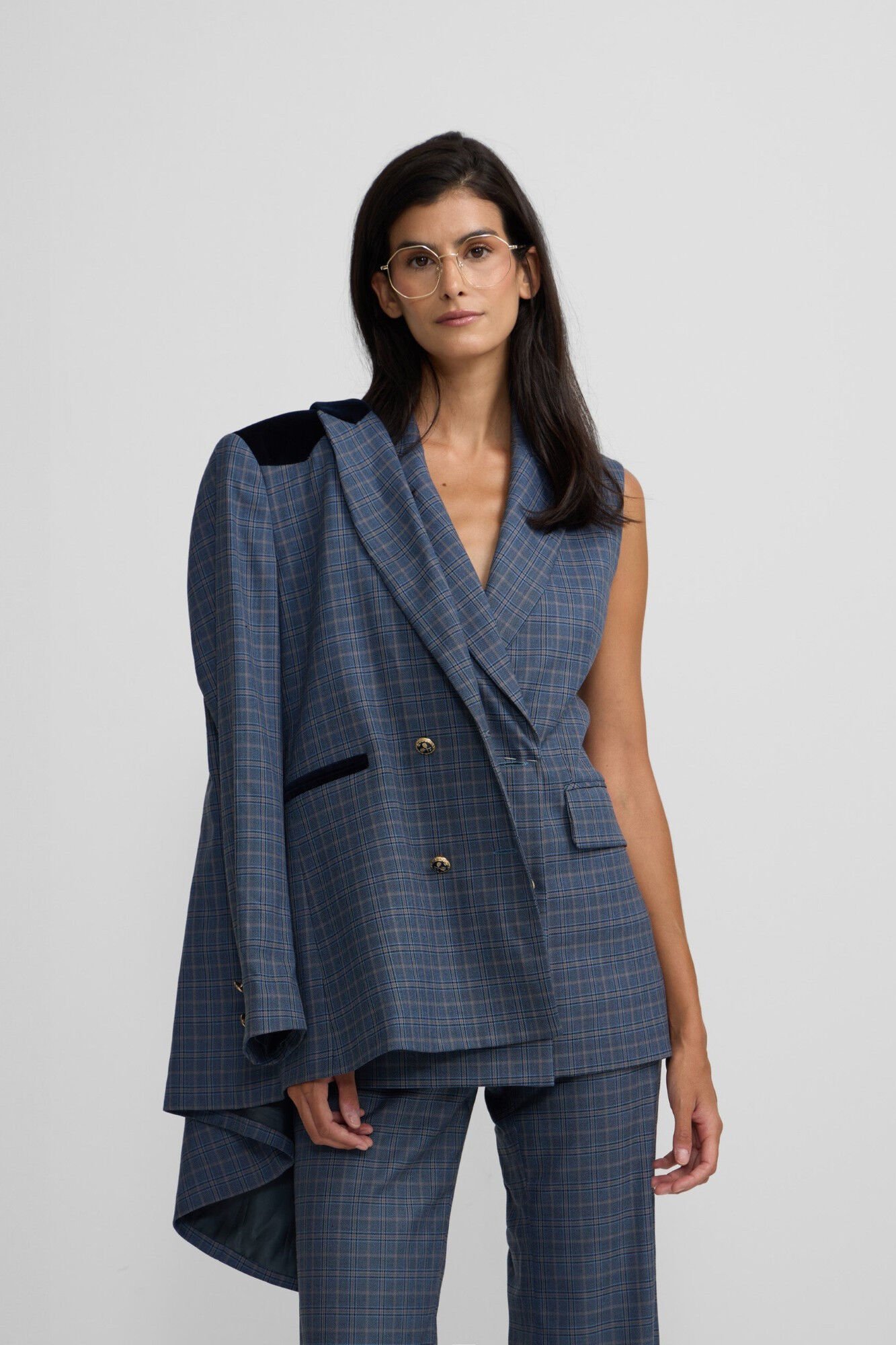 Silbon Detalhes xadrez de veludo americano Azul