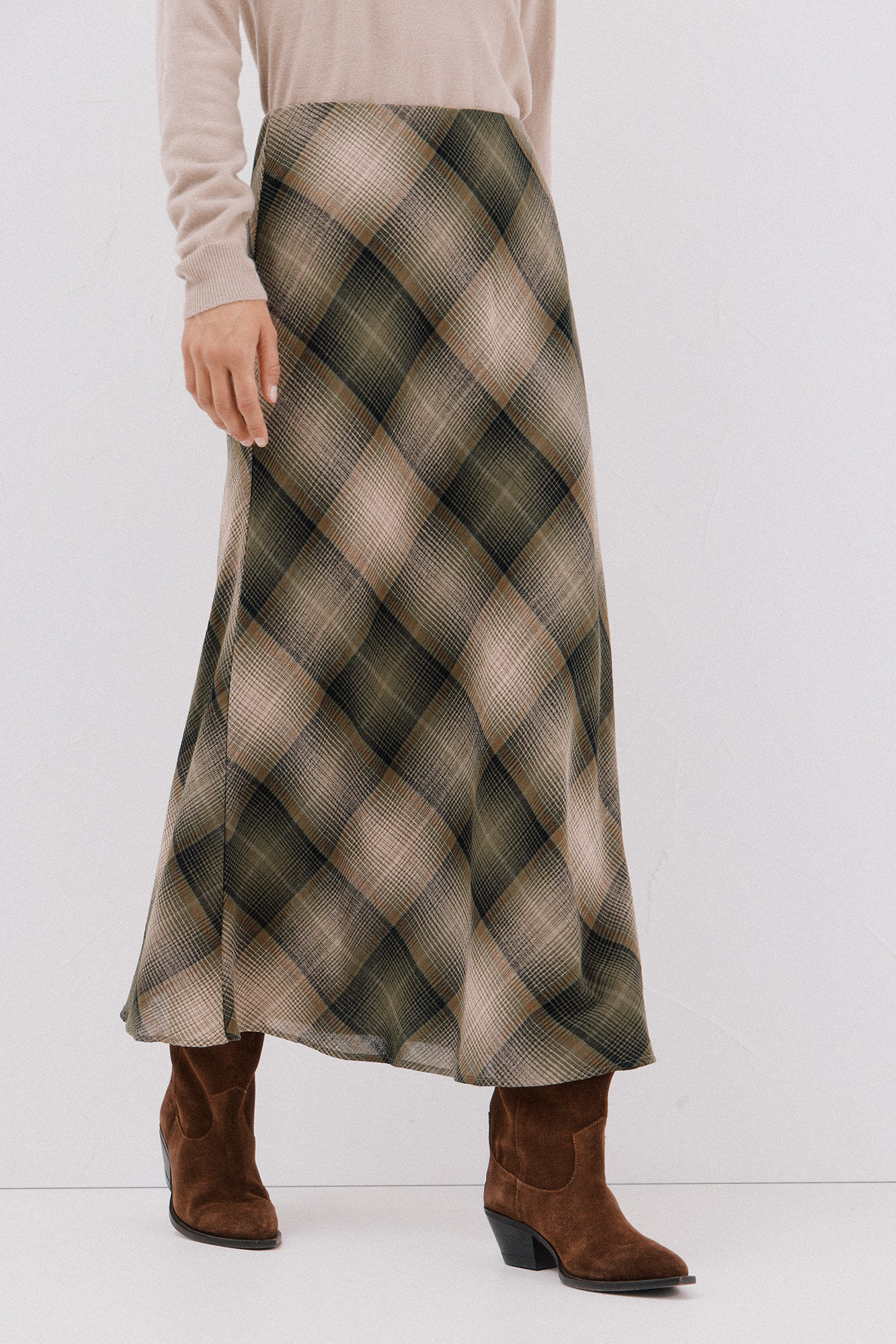 Cortefiel Checkered midi skirt Printed green
