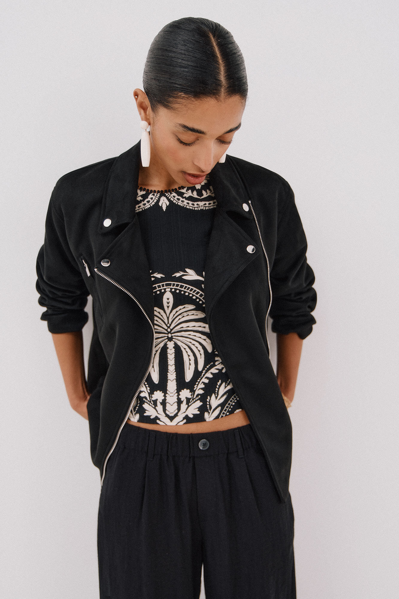 Cortefiel Faux suede biker jacket Black