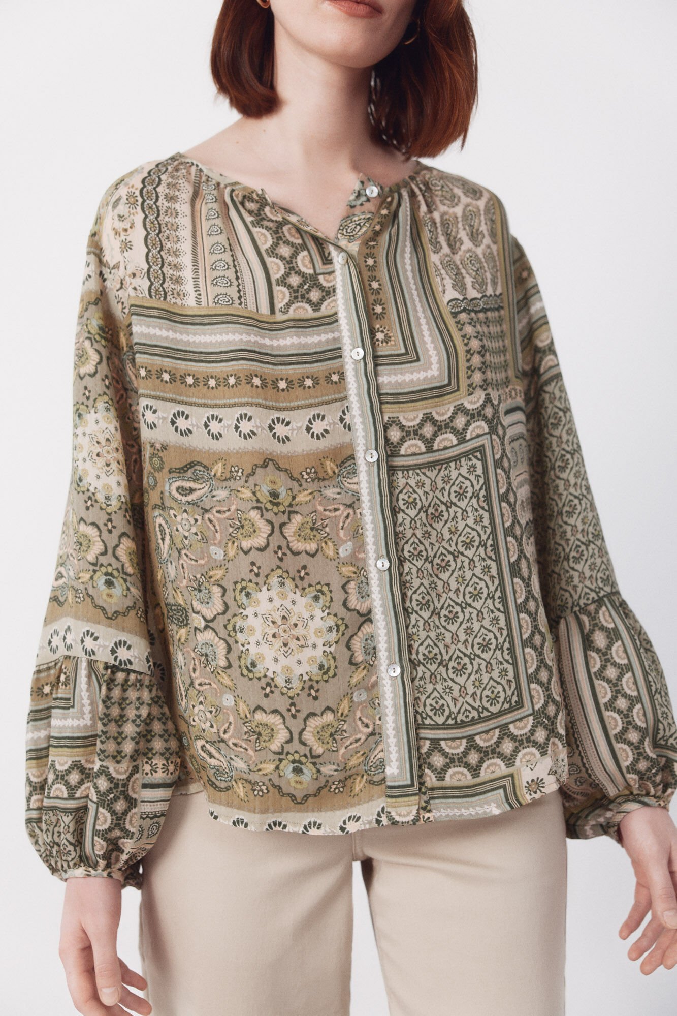 Cortefiel Printed blouse Kaki