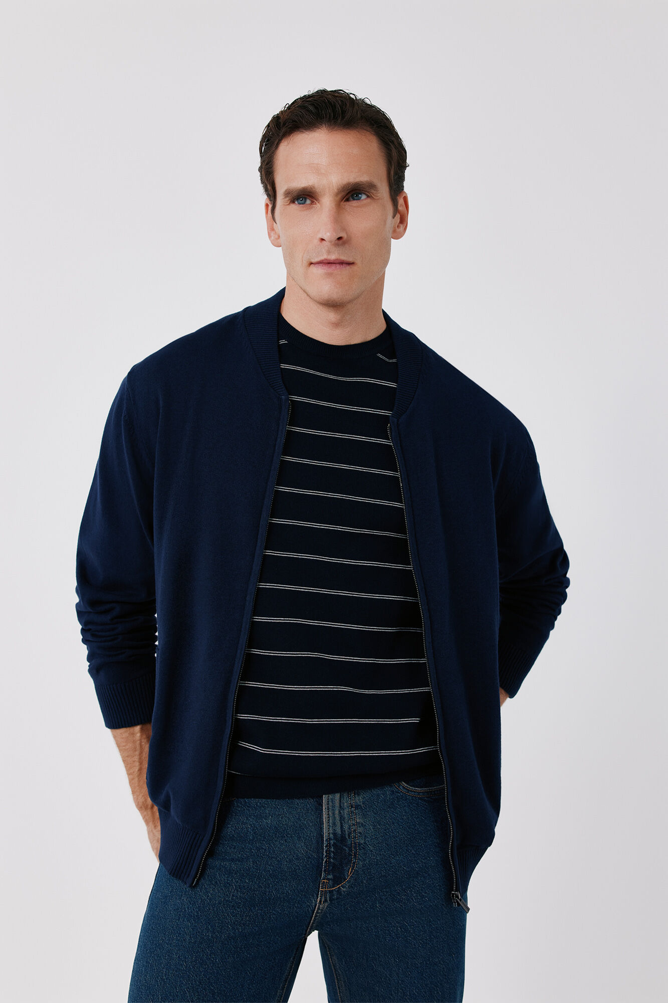 Cortefiel Cotton fine knit zip fastening cardigan