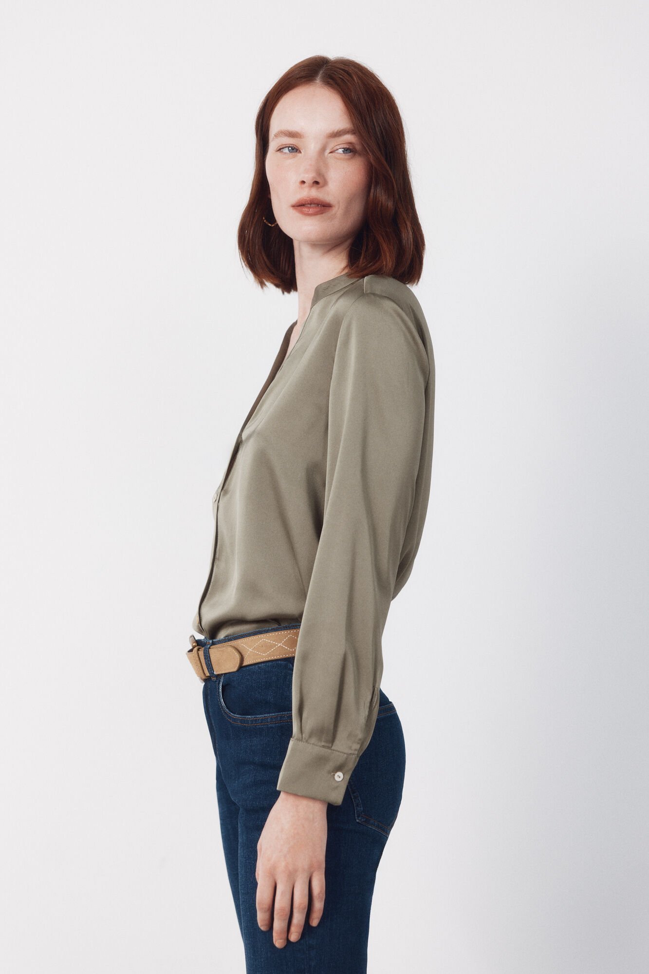 Cortefiel Printed satin mandarin shirt Kaki