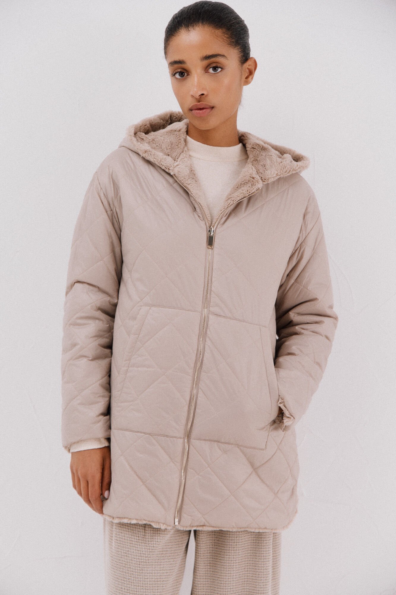 Cortefiel reversible quilted anorak with fur effect Beige