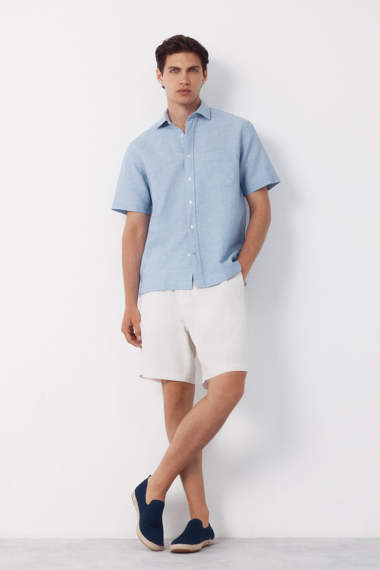 Cortefiel Plain cotton linen short sleeve shirt