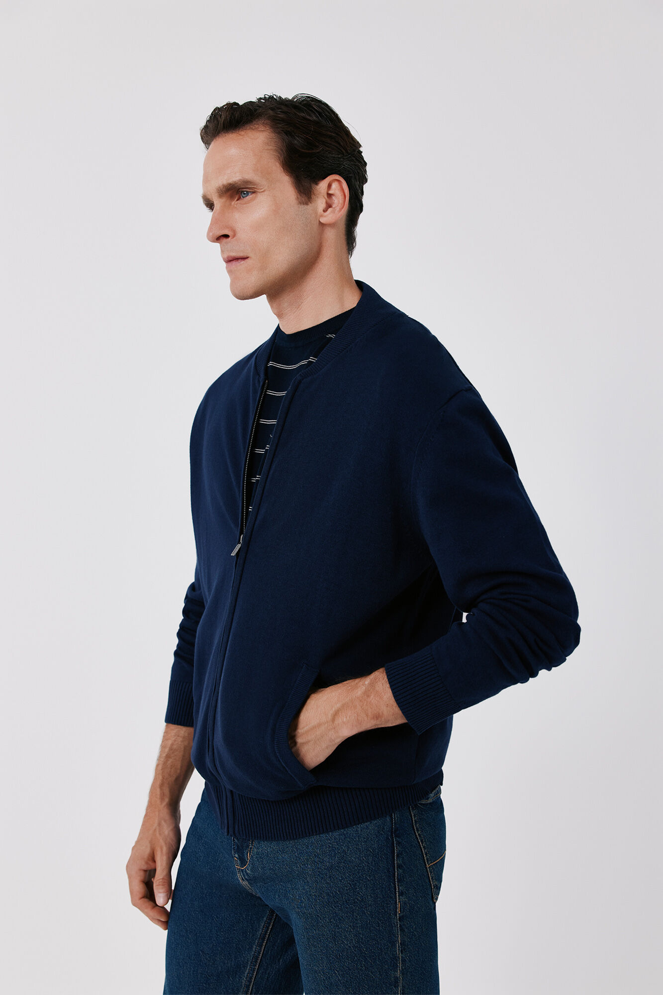 Cortefiel Cotton fine knit zip fastening cardigan Navy