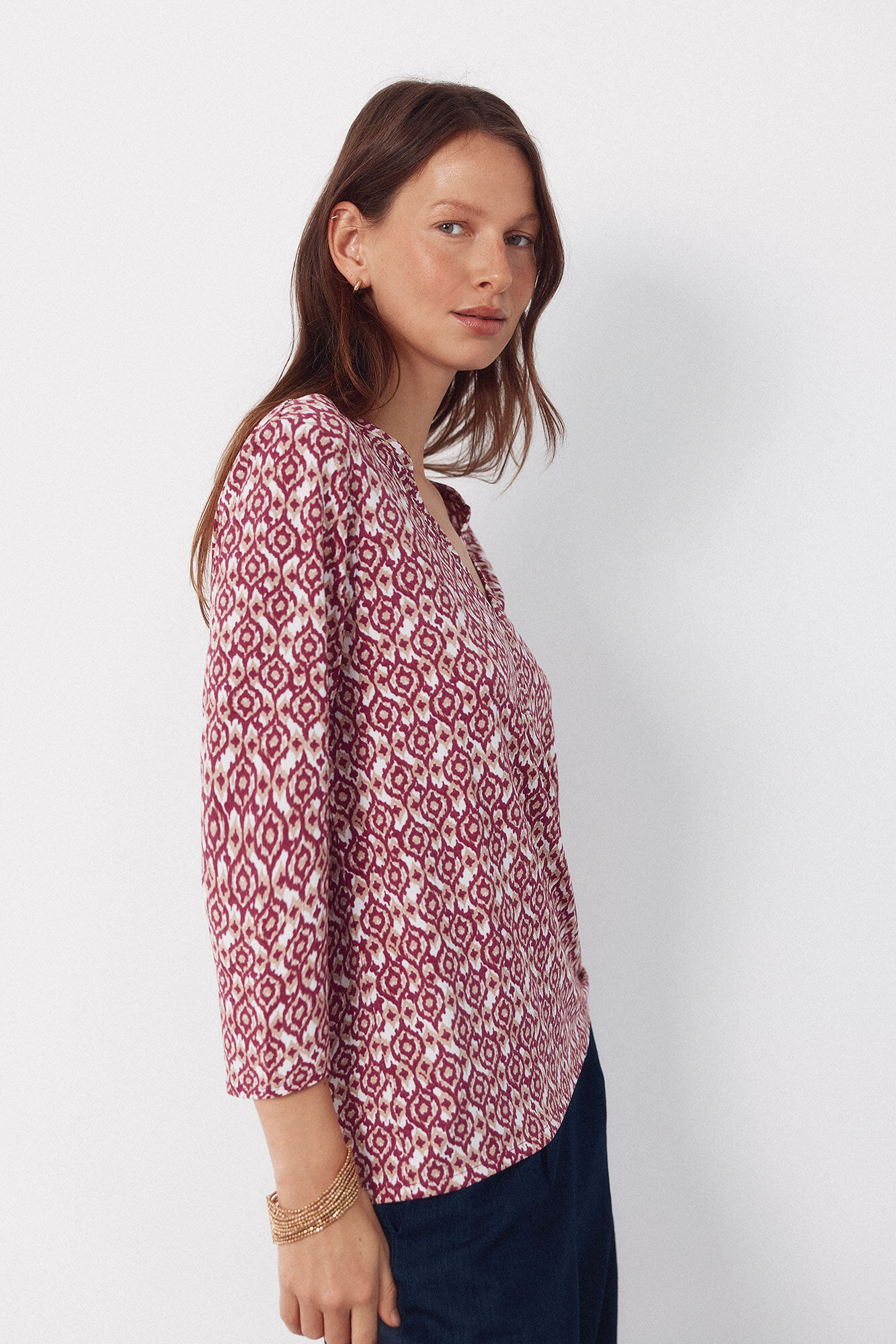 Cortefiel Basic top with mandarin collar Printed brown