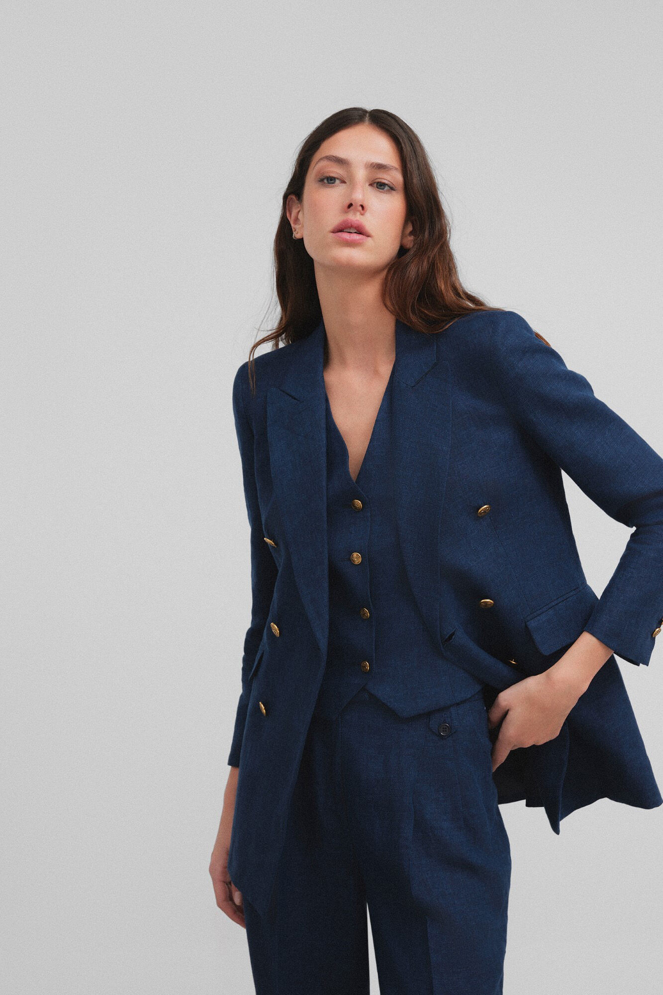 Silbon Women's double-breasted linen blazer Navy