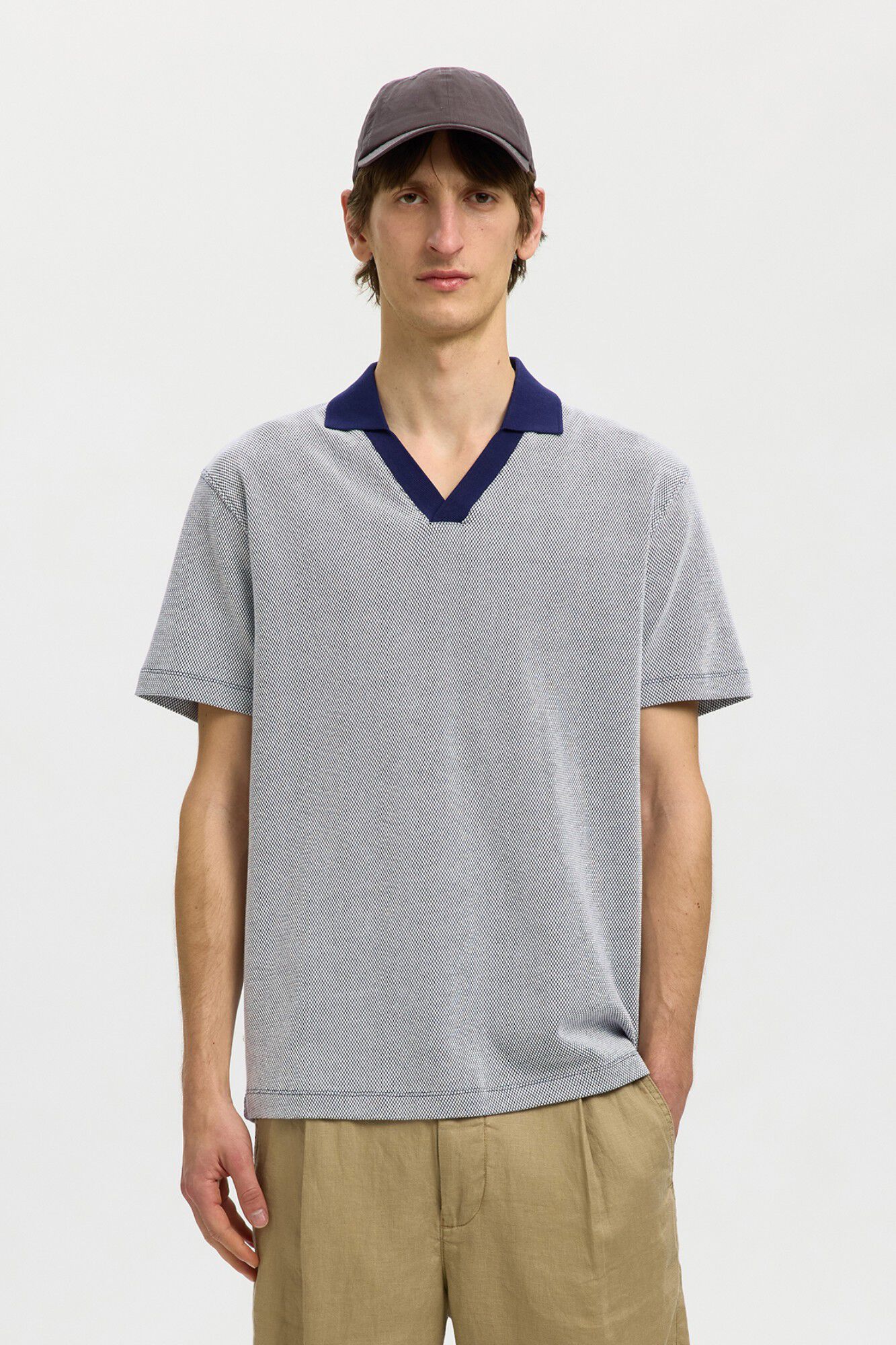 Selected Short sleeve polo shirt with open neck Navy