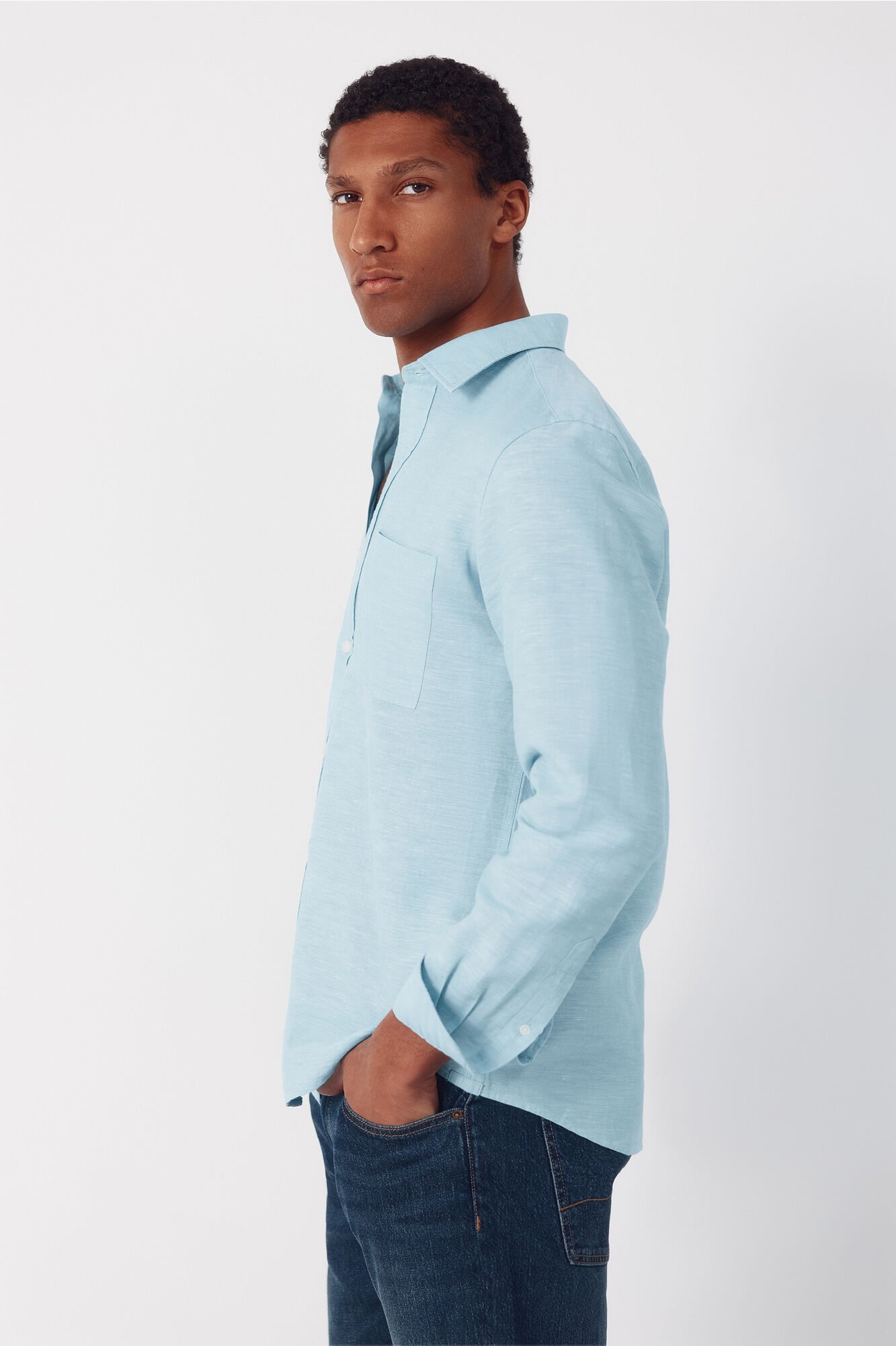 Cortefiel Plain linen cotton shirt Turquoise