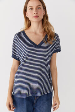 Cortefiel Striped T-shirt 100% linen Printed blue