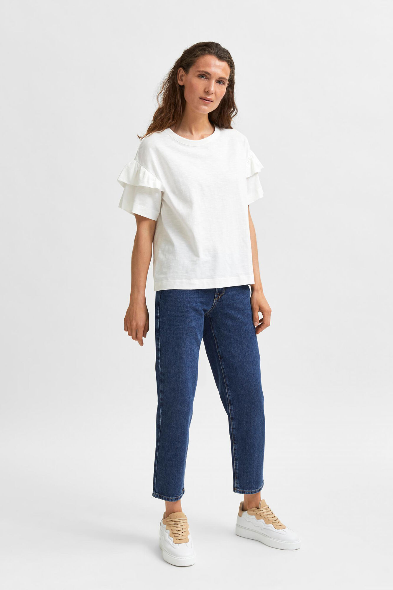 Selected Femme Top de manga corta con volantes 100% algod&oacute;n org&aacute;nico Blanco