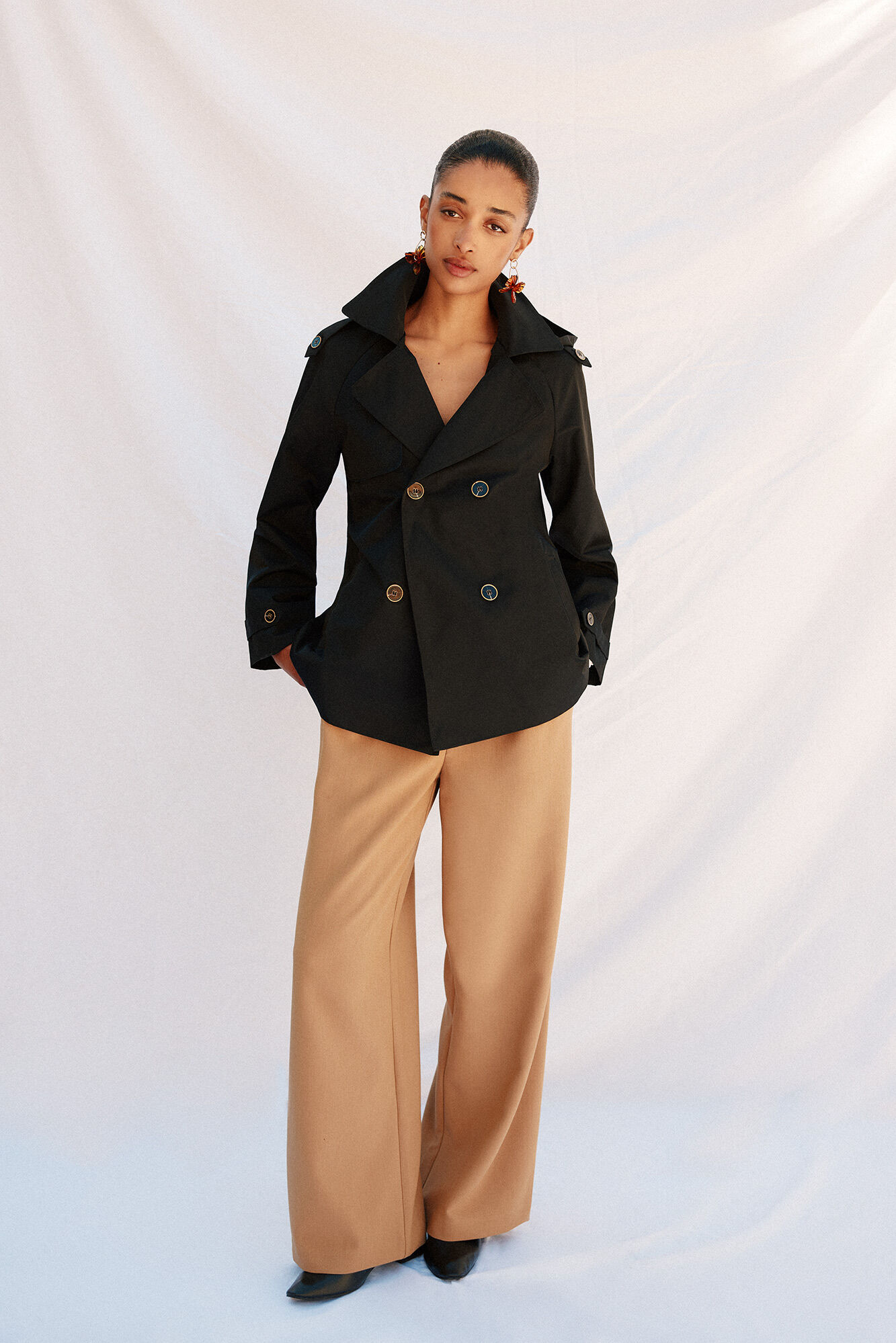 Cortefiel Short flared trench coat Black