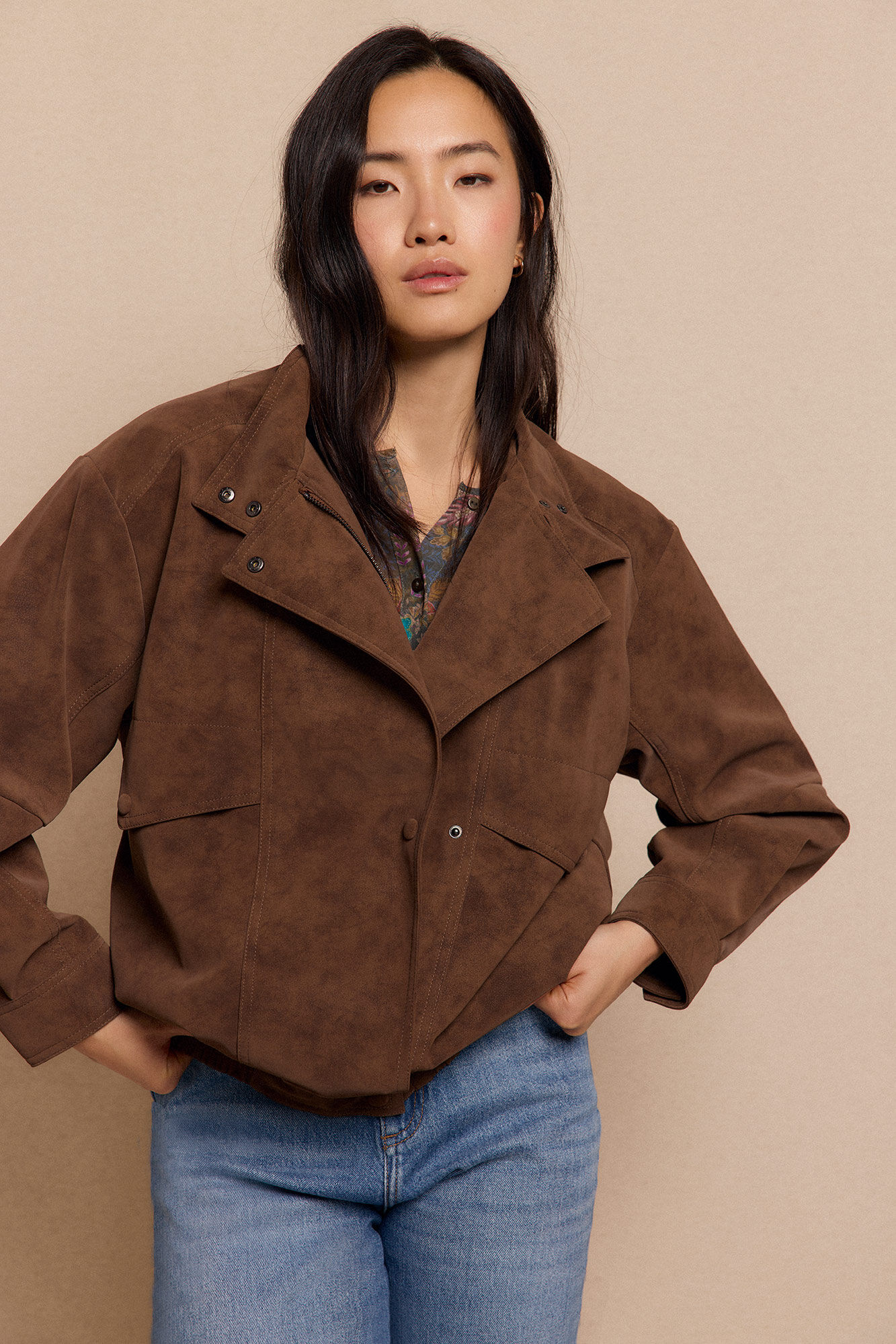 Slowlove Cazadora motera efecto piel Beige