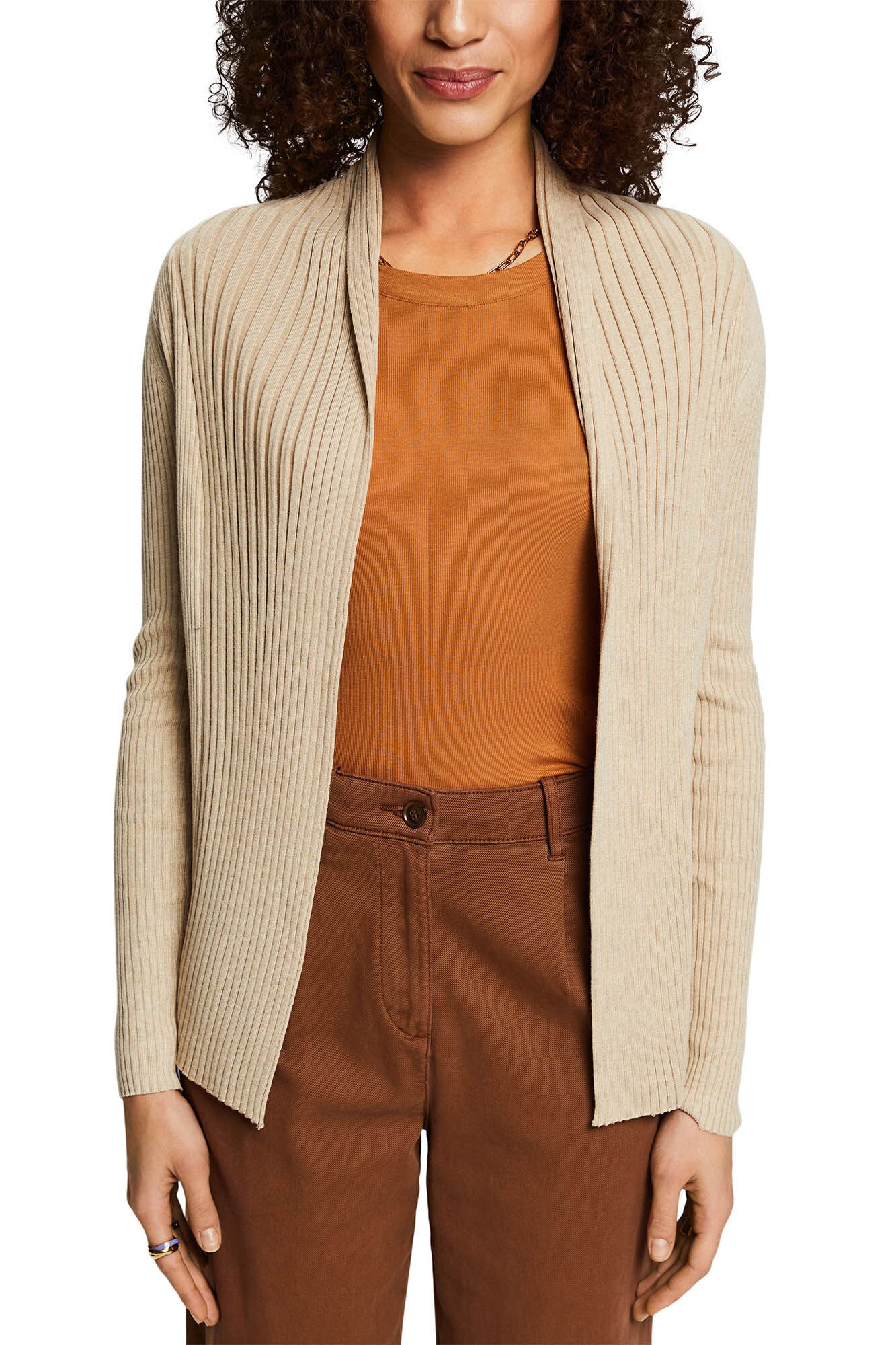 Esprit Cardigan corto abierto punto canal&eacute; con material reciclado Beige