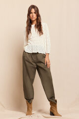 Slowlove serge trousers with loops, belt loops, functional side pockets, wide leg, concealed zip fastening and button fastening Dark green