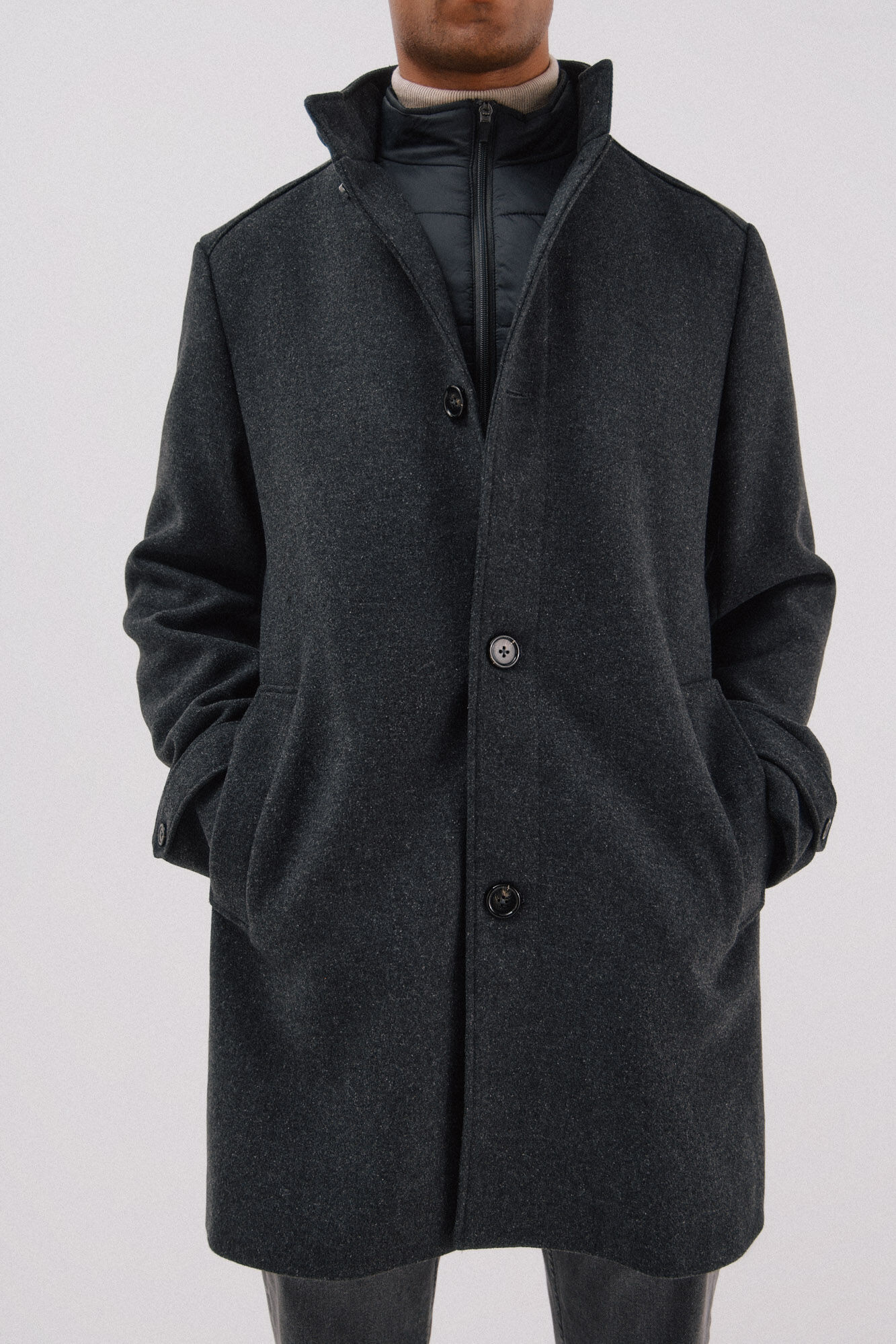 Cortefiel Coat with structured stand-up collar Dark grey