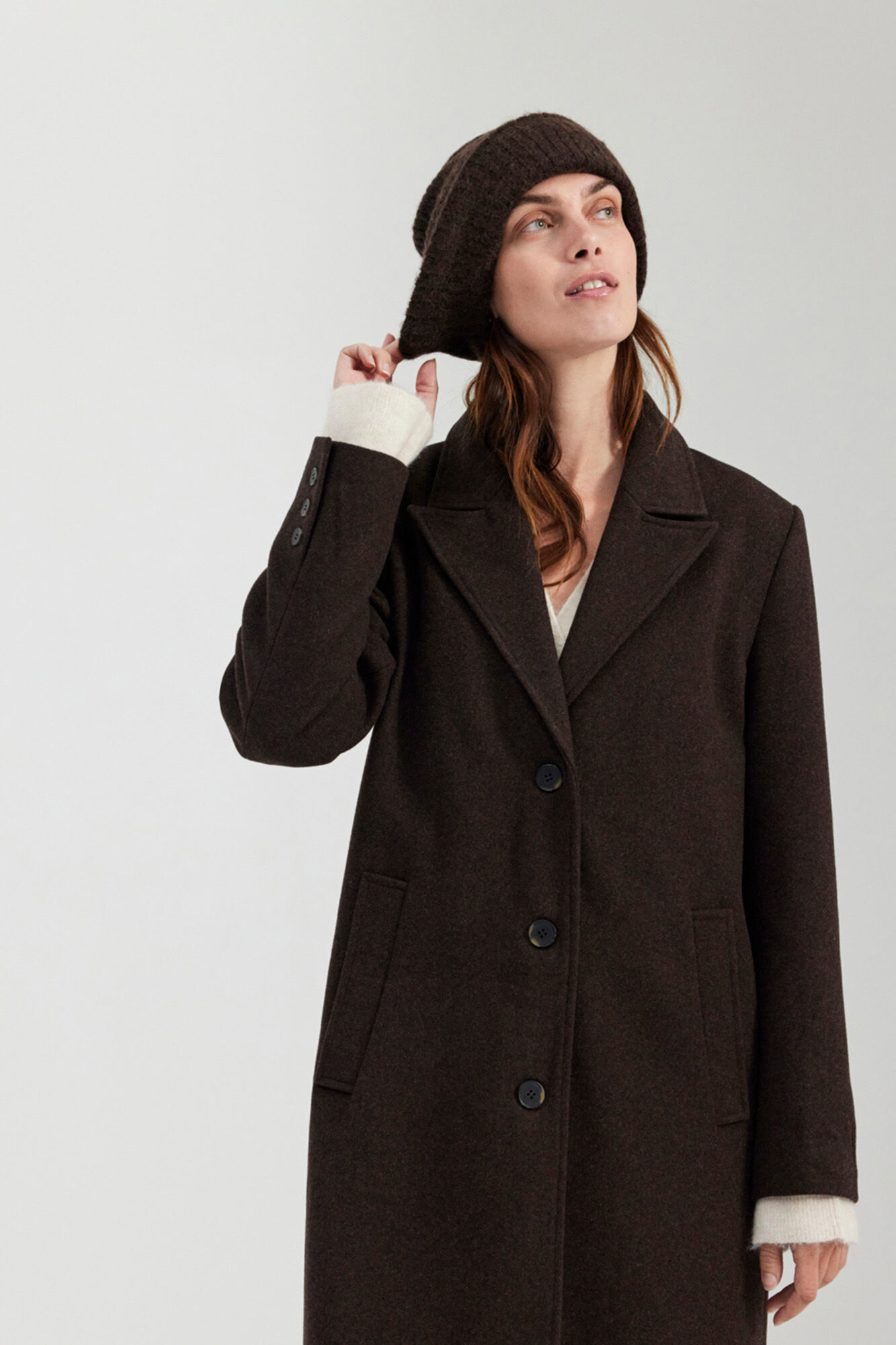 Selected Femme Classic recycled wool coat with button fastening. Brown