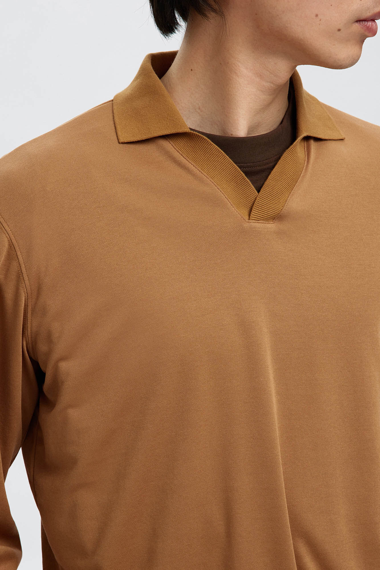 Selected long sleeve organic cotton polo shirt  Dark brown