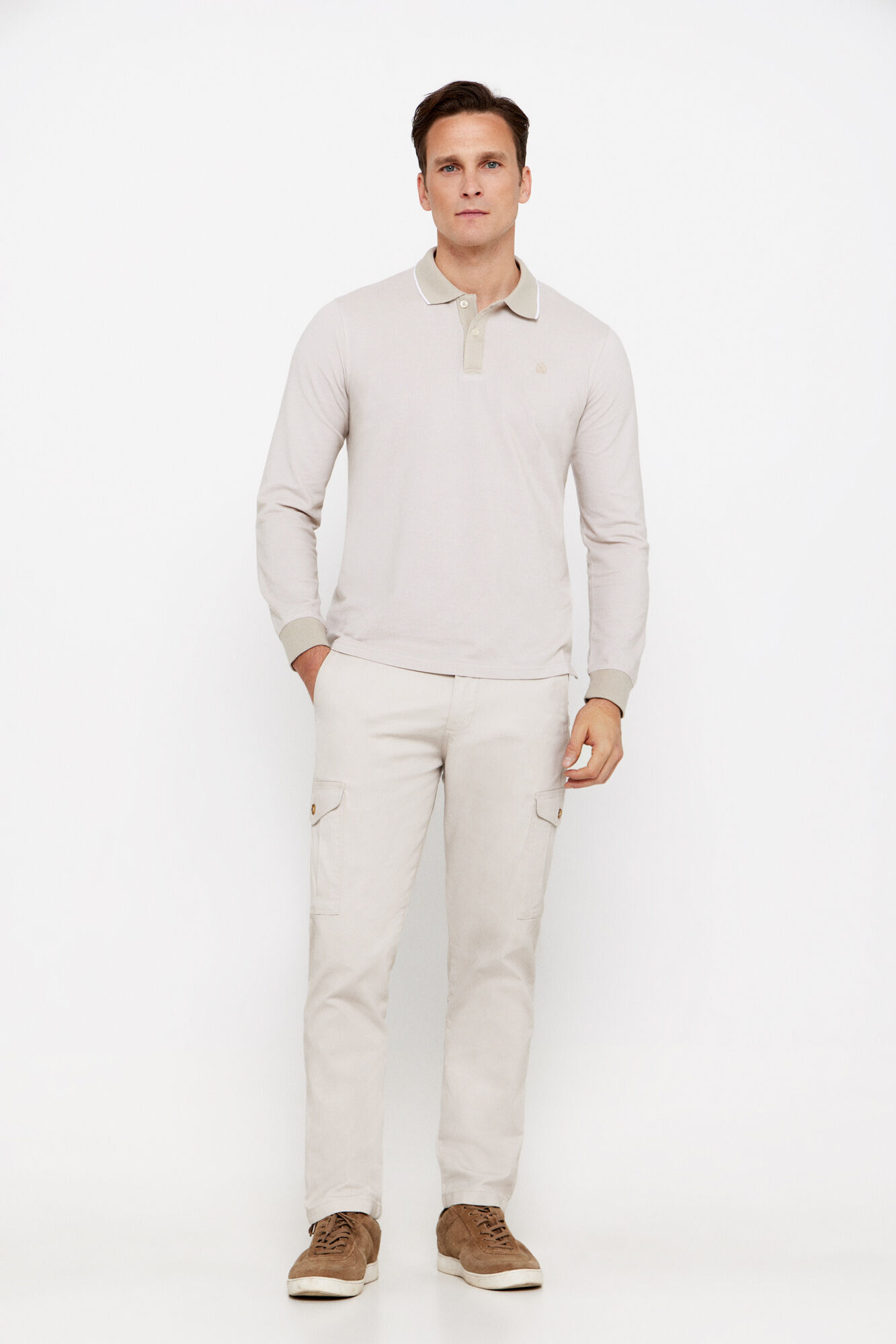 Cortefiel Long sleeve piqu&eacute; Oxford polo shirt Beige