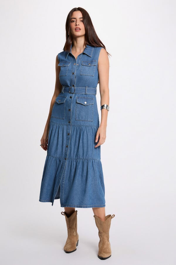 long straight denim dress Women's Layers Denim Maxi Dress with Tiered Silhouette Wash Lab washlabshop