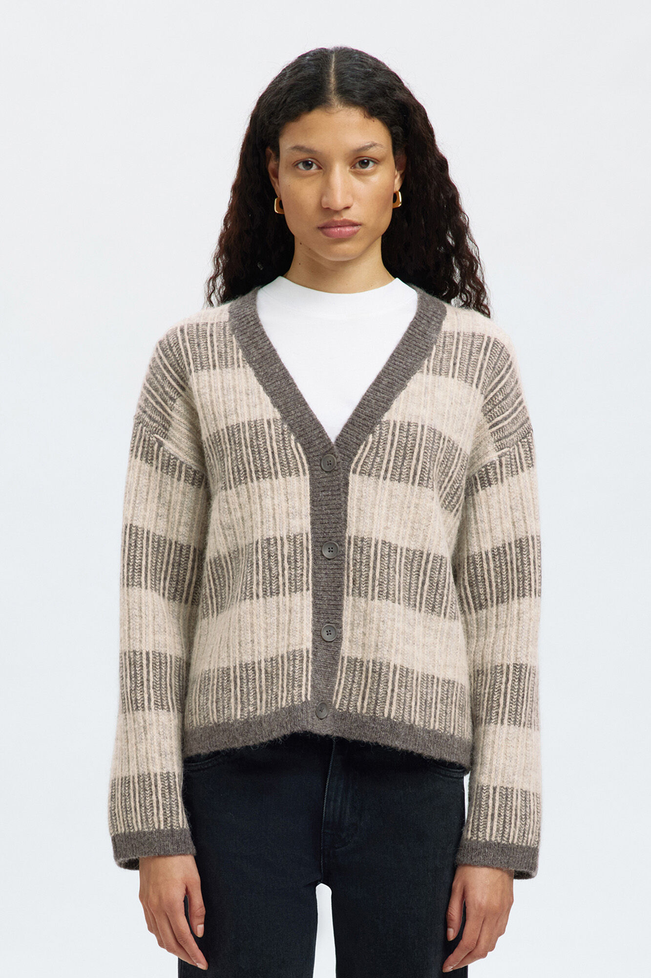 Selected Casaco de malha de gola em bico de alpaca e l&atilde; Cinzento