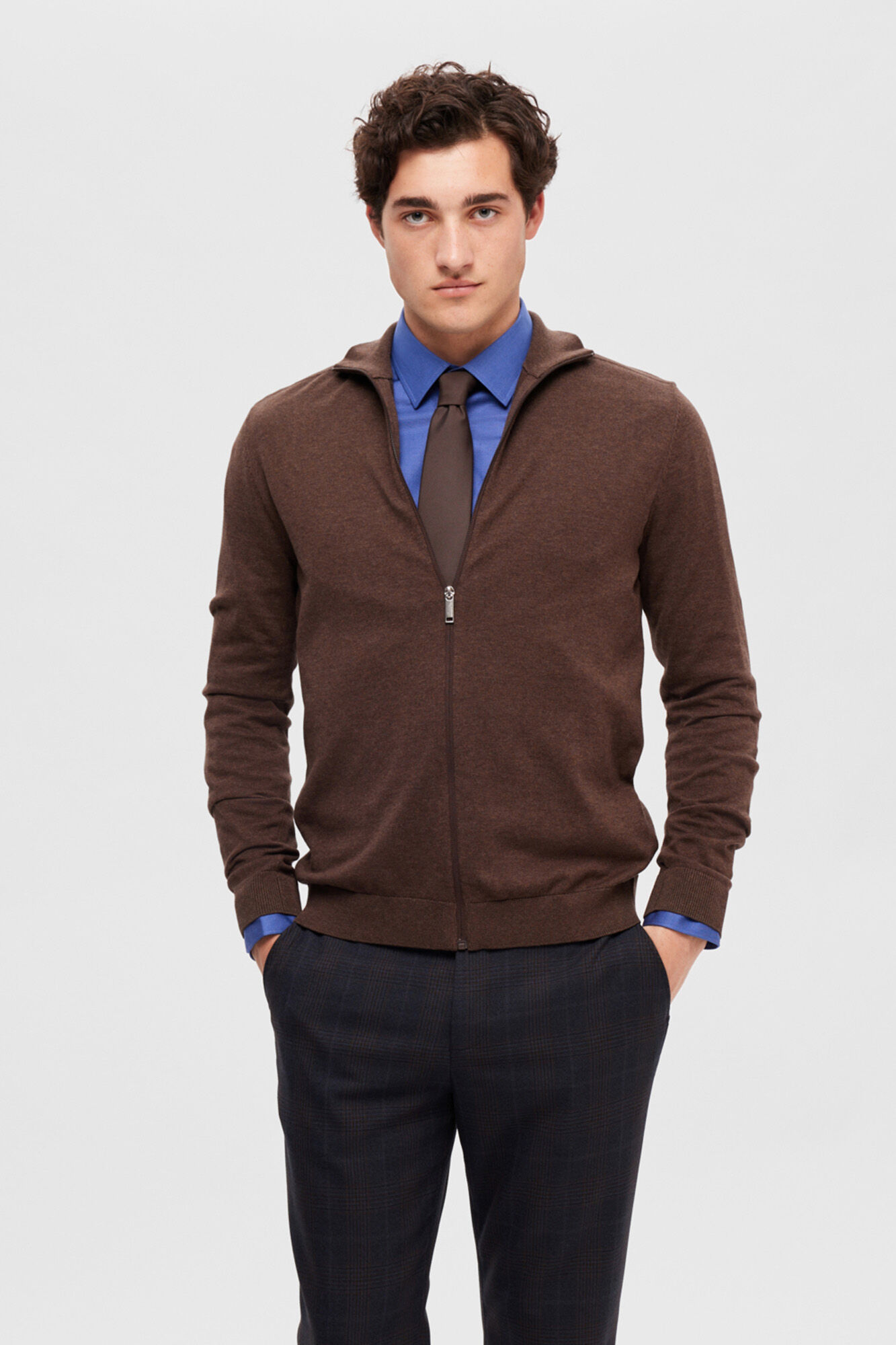 Selected C&aacute;rdigan cremallera 100% algod&oacute;n Marr&oacute;n