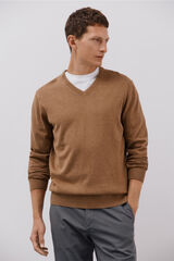 Cortefiel Fine jersey-knit cotton v neck jersey Beige