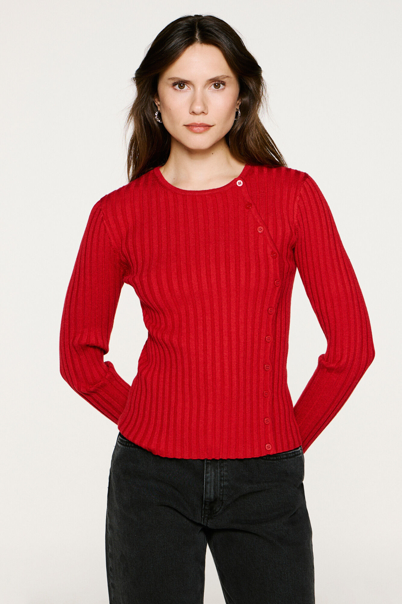 Selected Camisola canelado com bot&otilde;es e corte slim. Vermelho