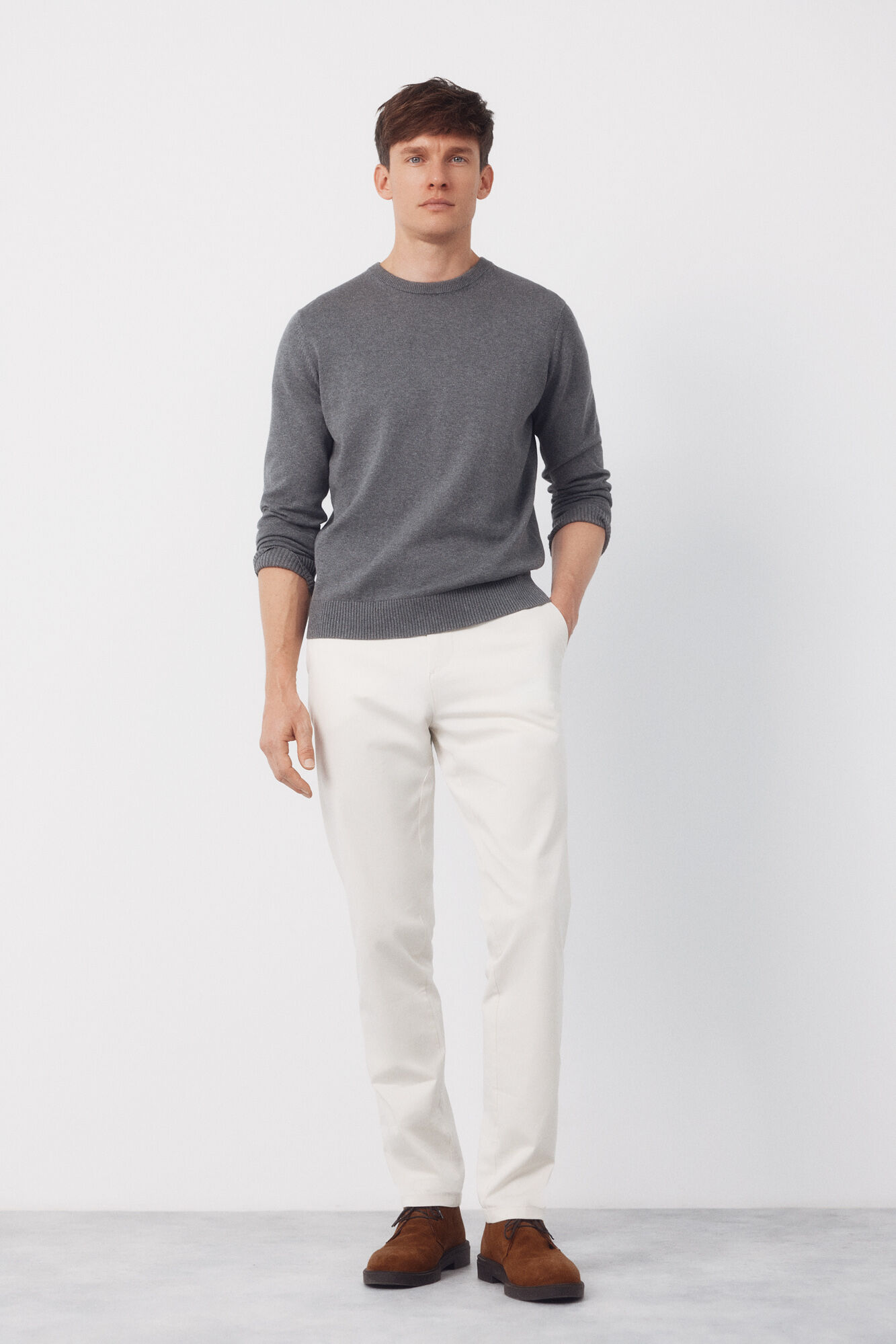 Cortefiel Basic cotton knit round neck jersey-knit Grey