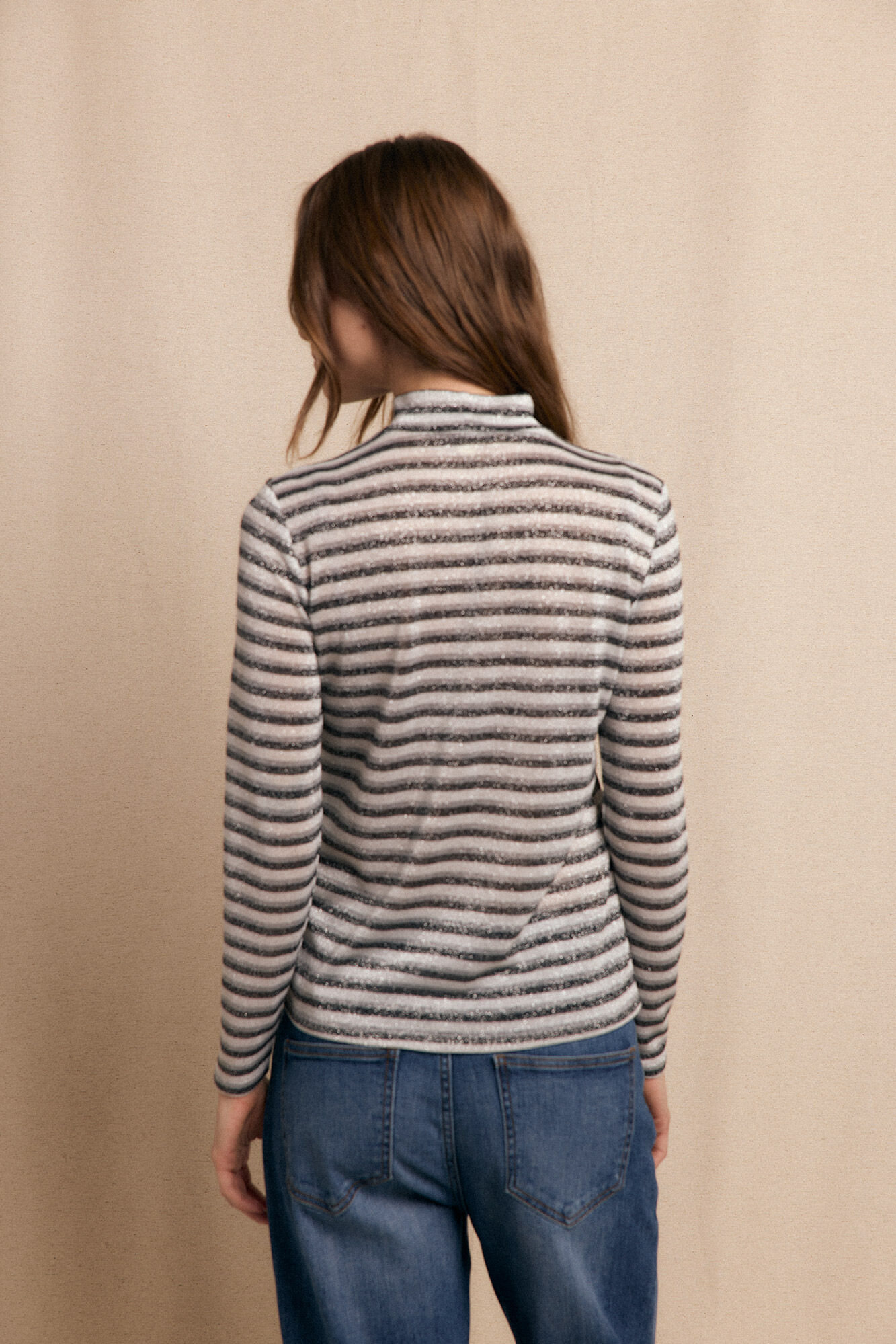 Slowlove Camiseta riscas de lurex com gola alta Cinzento