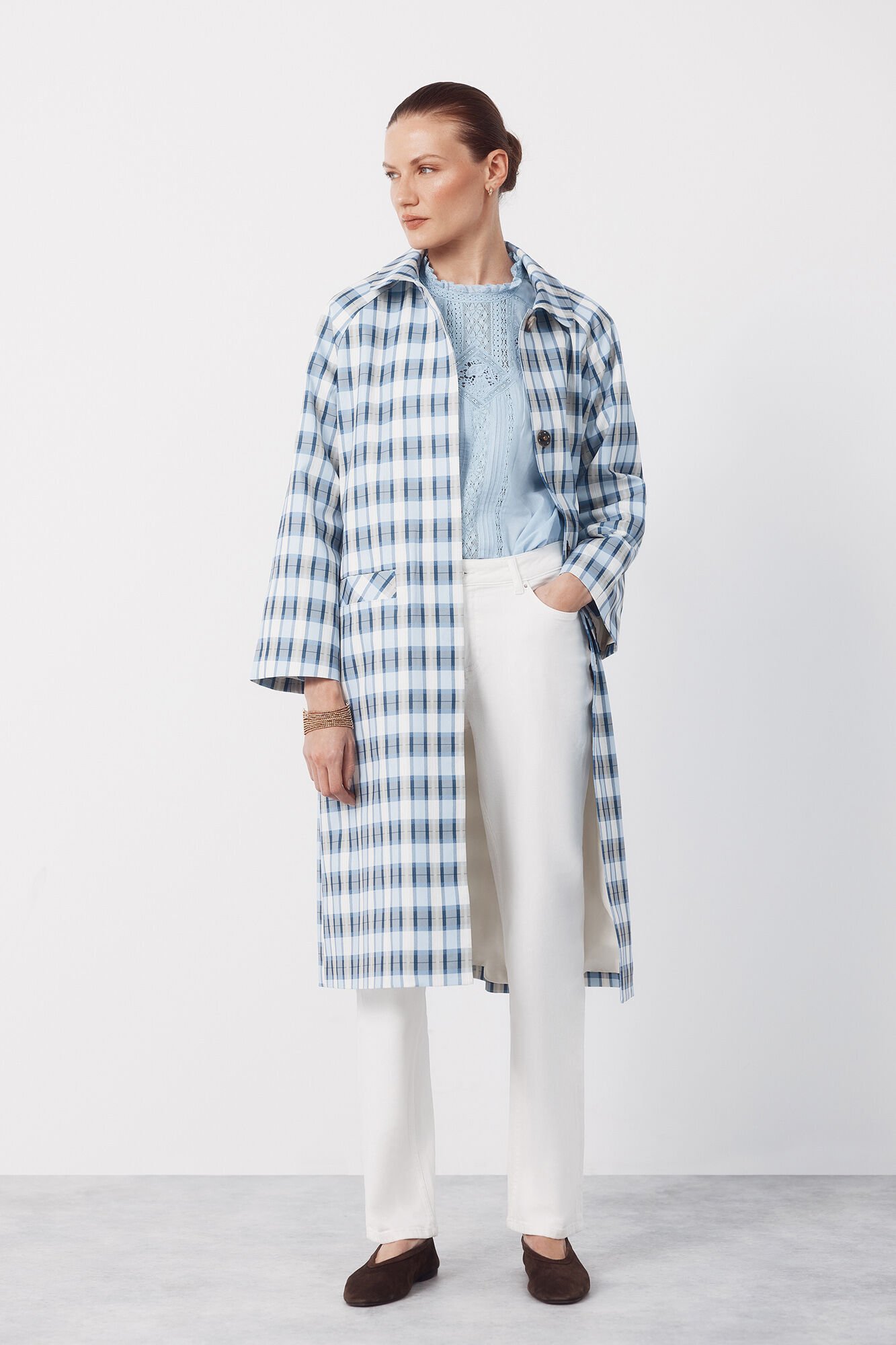 Cortefiel Long plaid trench coat Printed blue