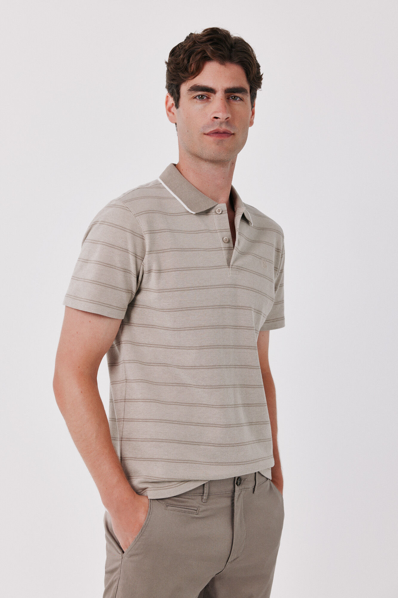 Cortefiel Striped oxford polo shirt Beige