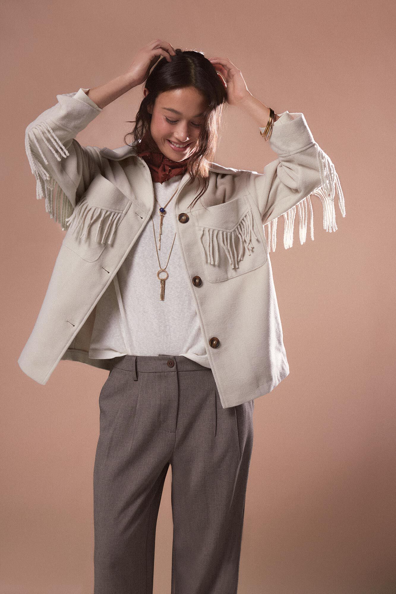 Slowlove Abrigo corto con flecos Beige