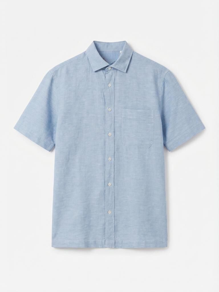 Cortefiel Plain cotton linen short sleeve shirt Blue