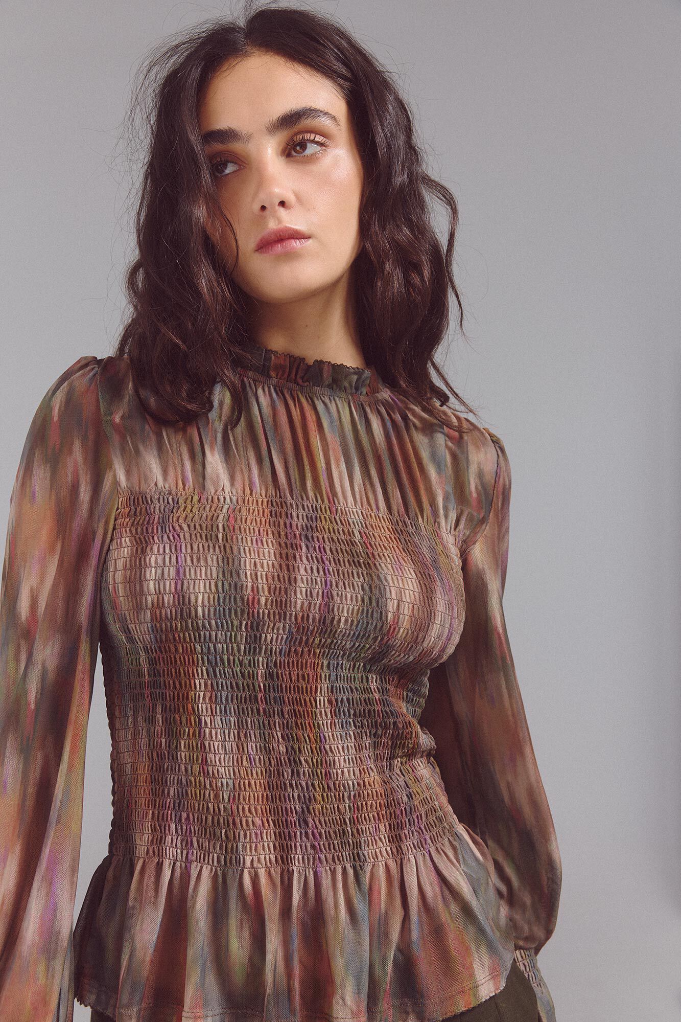 Slowlove Top de tule estampado franzido Multicolorido