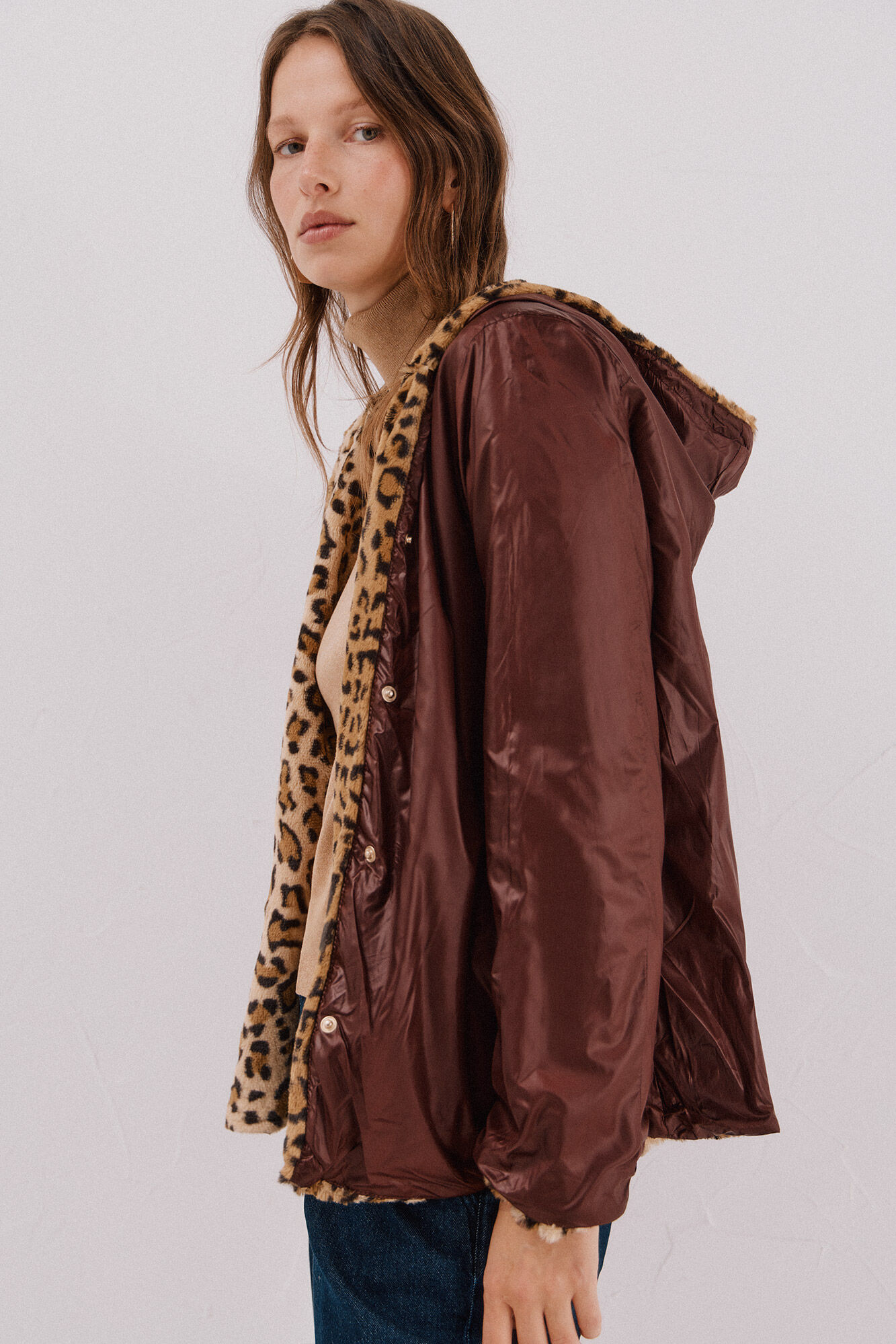 Cortefiel Short reversible faux fur jacket Dark brown