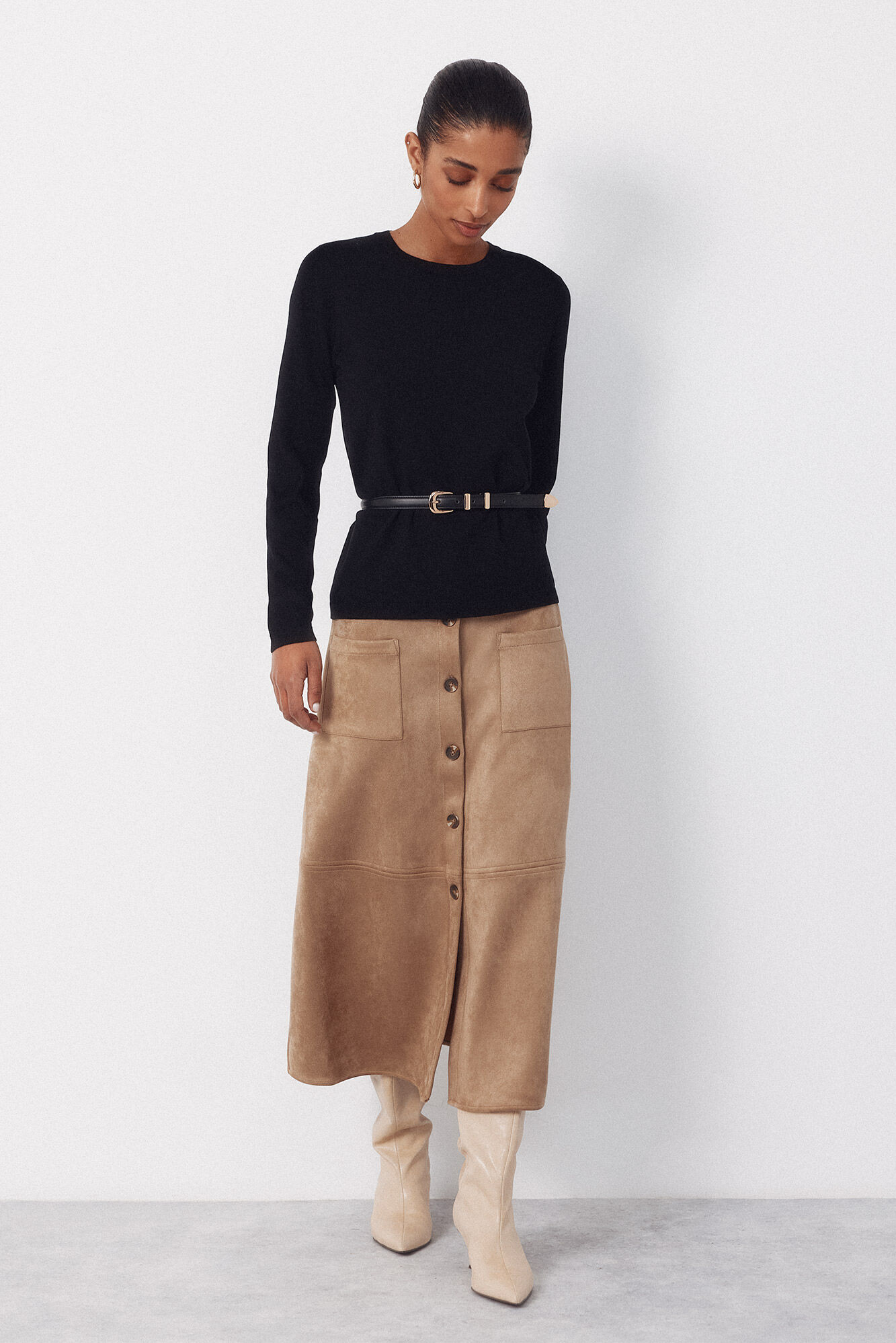 Cortefiel Flared suede skirt Beige
