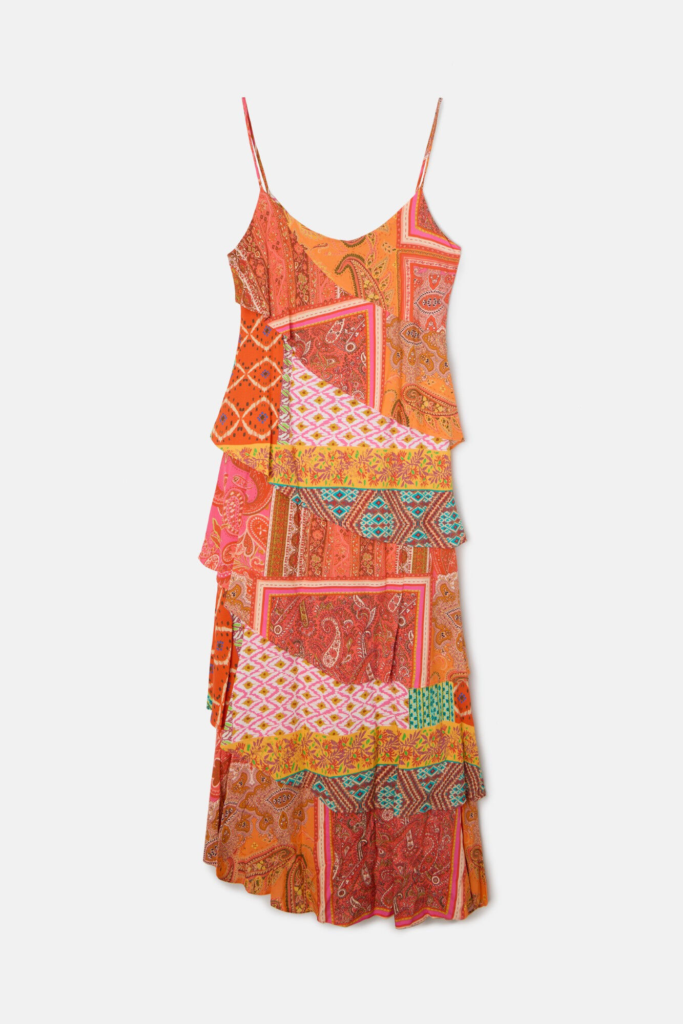 Silbon Vestido longo com estampado patchwork e babados Multicolorido