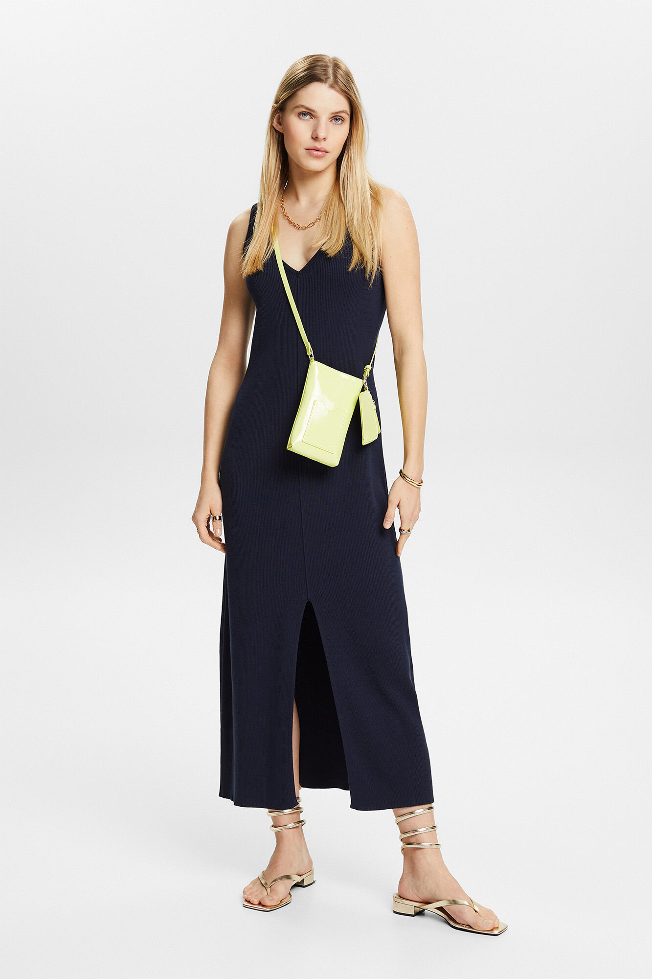 Esprit Vestido comprido malha canelada algod&atilde;o  Azul